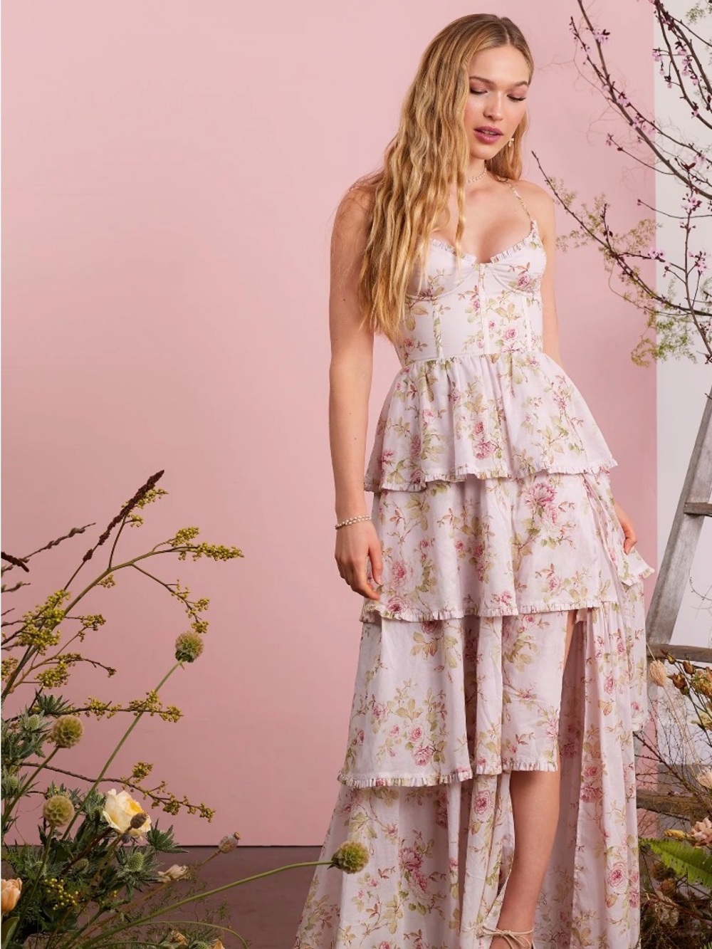V. Chapman Soft Pink Floral Tiered High-Low Maxi Dress